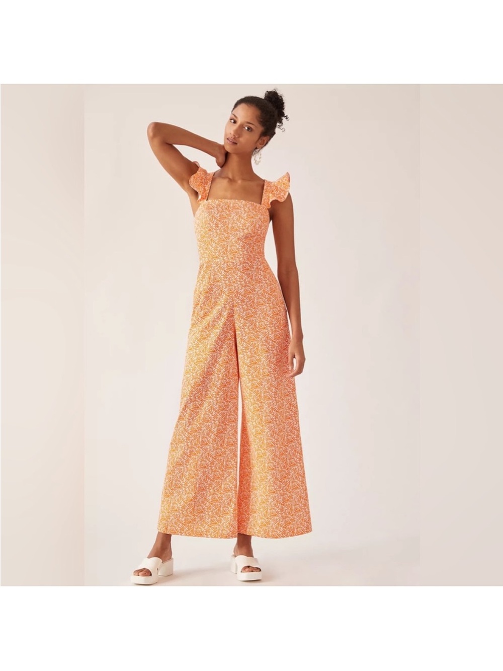 Anthropologie Women’s Square-Neck Wide-Leg Jumpsuit in Orange Floral